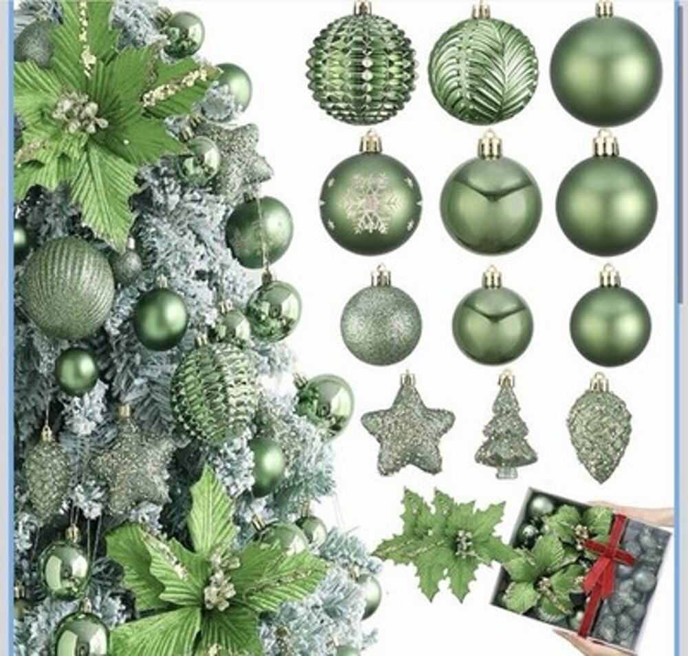 Shatterproof Green Christmas Tree Ornaments Set Green 46 Pc